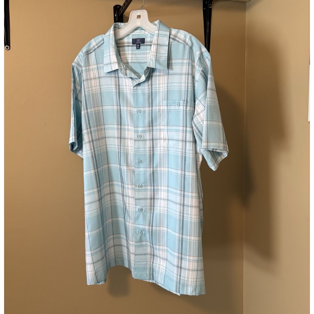 George Men's Button Up Front Collared S/S Blue Plaid Lightweight Shirt Size 2X